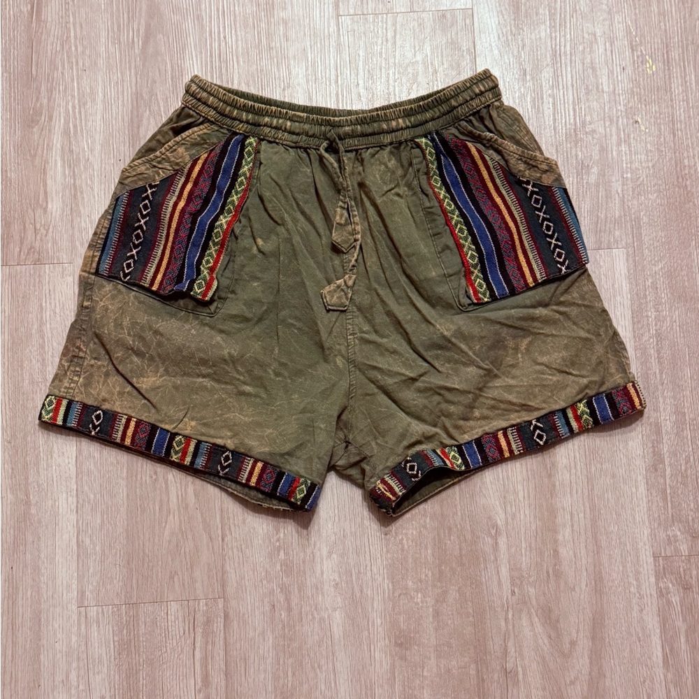Bohemian Olive Green Shorts with Multicolor Trim